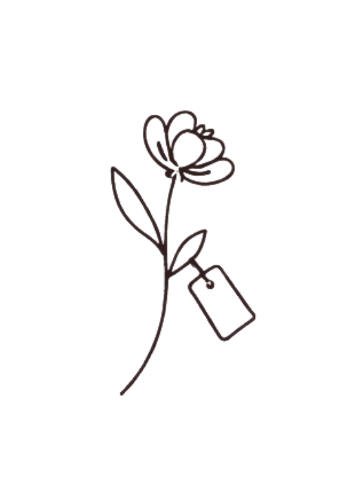 A simple line drawing of a flower with leaves, with a tag attached to the stem.