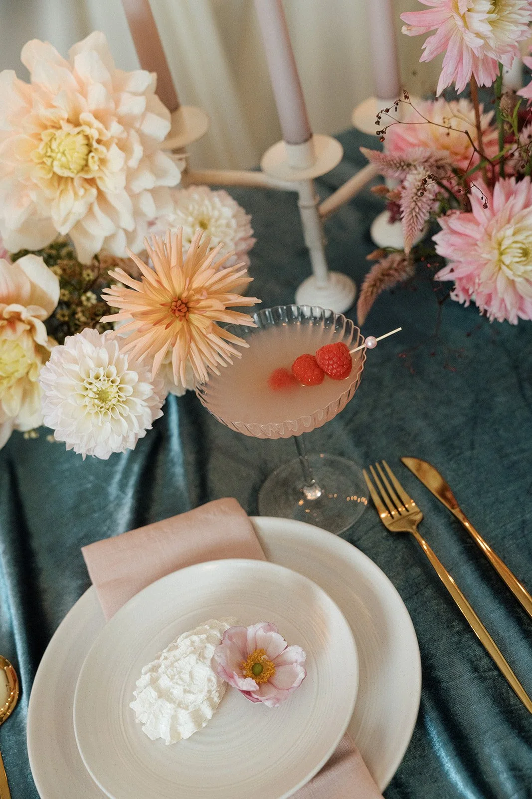 Reception table styling with pastel dahlias, seasonal blooms, candlelight, and curated dining details.