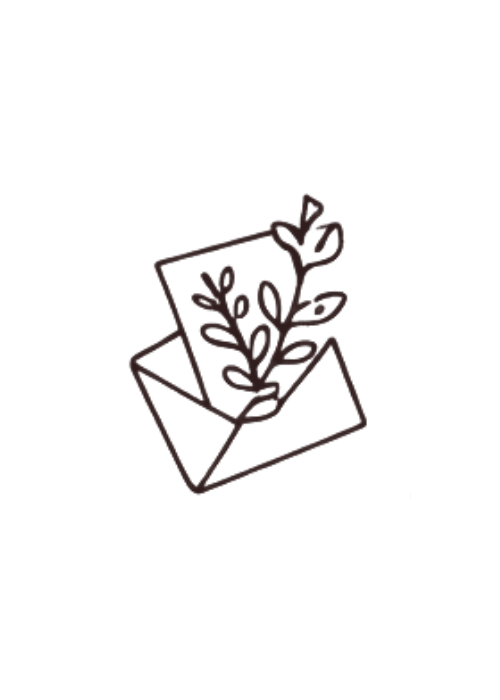 An envelope with a sprig of leaves emerging from it, drawn in a simple, minimalistic style.