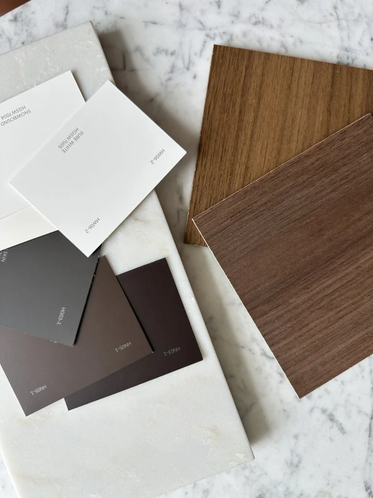 Samples of cabinets, paint colors, and countertop during the design phase of building out the flagship floral studio.