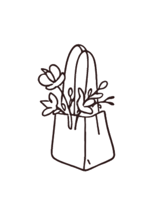 Line drawing of a tote bag with flowers inside.