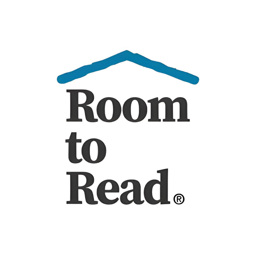 Logo with the text 'Room to Read' and a blue roof-like graphic above the text.