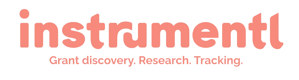 The image shows the word 'Instrument' in large, pink, lowercase letters with the subtitle 'Grant discovery. Research. Tracking.' below it.