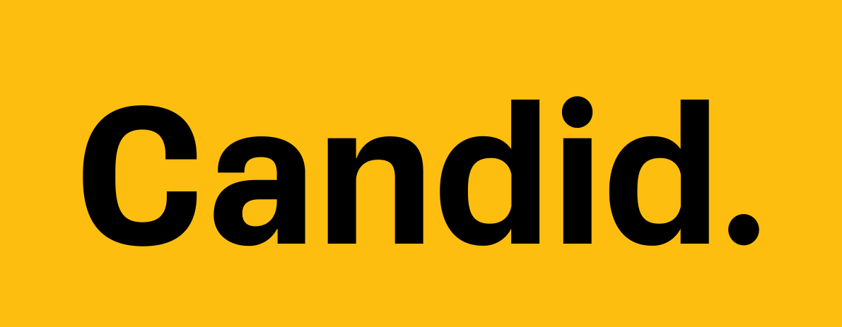 Yellow background with the word 'Candid.' in large black text.
