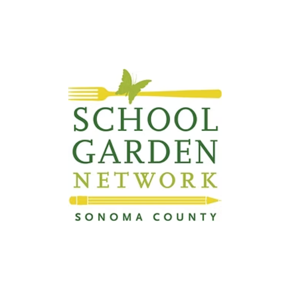 Logo for School Garden Network in Sonoma County featuring a yellow fork with a green butterfly and a yellow pen, with green and light green text.