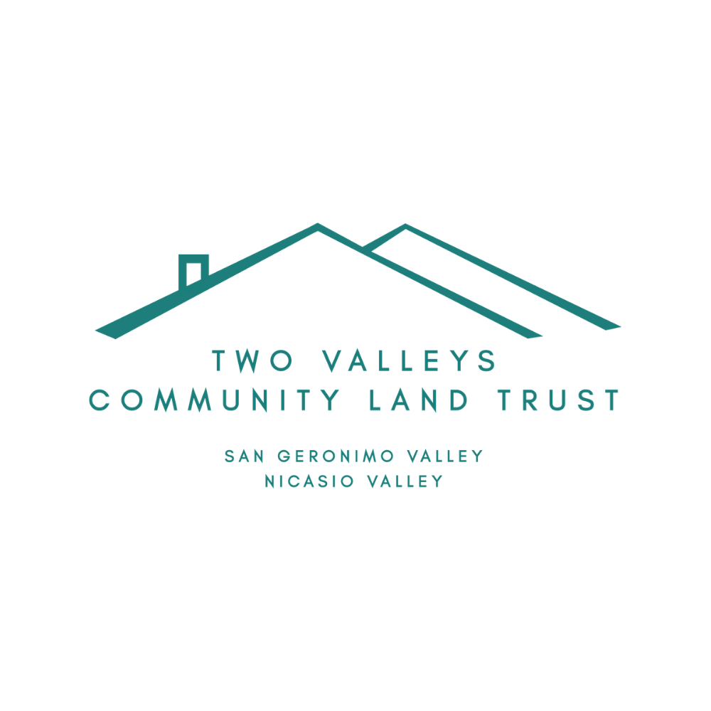 Logo for Two Valleys Community Land Trust, featuring a minimalist line drawing of a house roof with a chimney, and text listing San Geronimo Valley and Nicasio Valley.