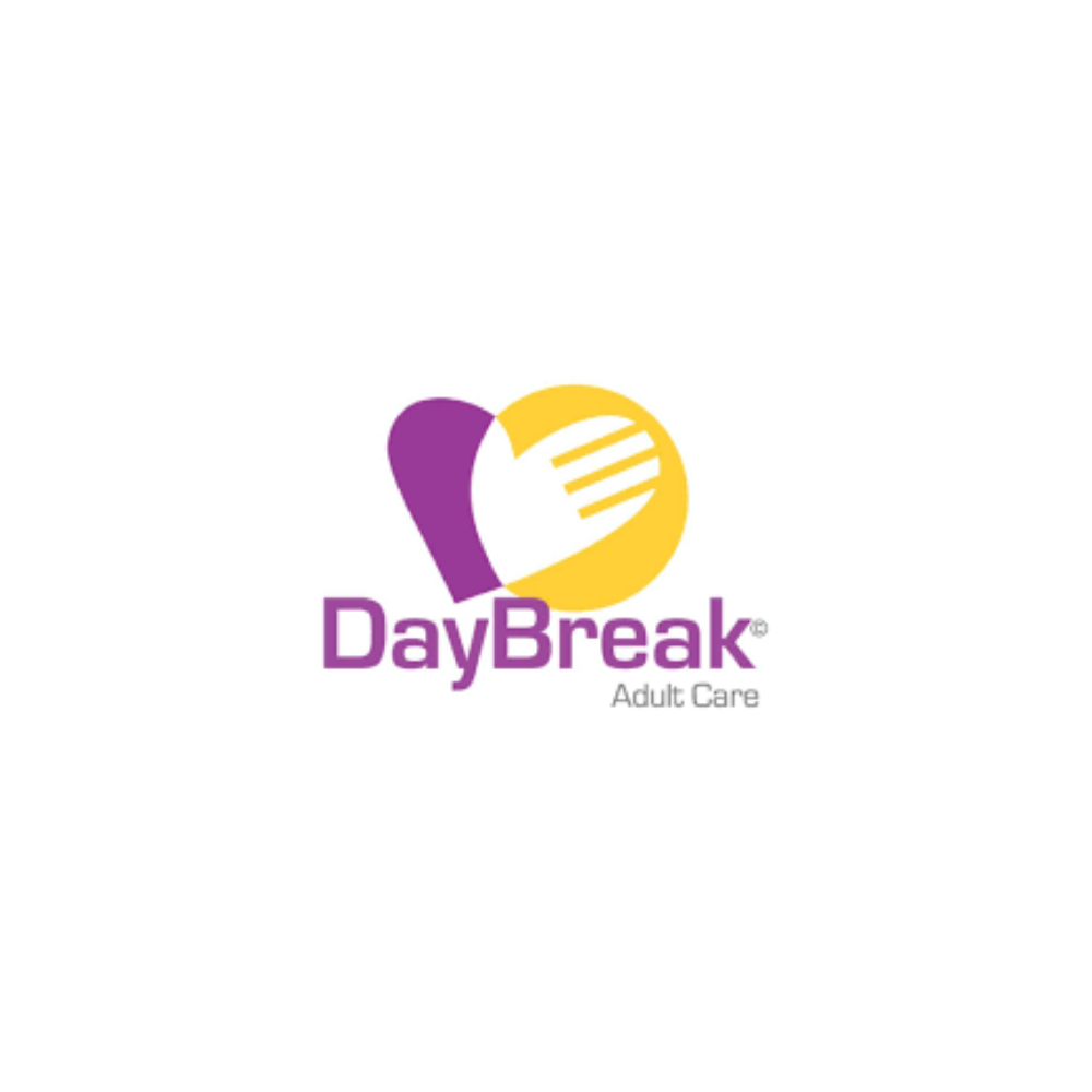 Logo for DayBreak Adult Care, featuring a purple and yellow heart with stylized lines, and the text 'DayBreak Adult Care'.