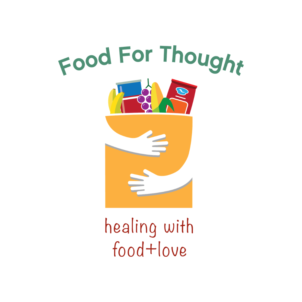 Illustration of a person hugging a large bowl of food containing bananas, grapes, and various packaged goods, with the text 'Food For Thought' above and 'healing with food + love' below.