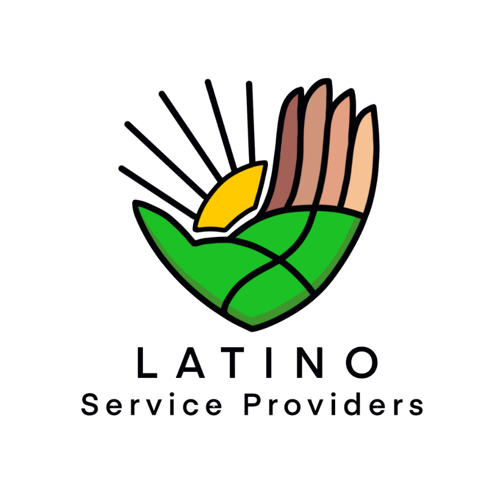 Logo featuring a stylized hand with a sun rising or setting behind it, with green leaves at the base, and the text "LATINO Service Providers" underneath.