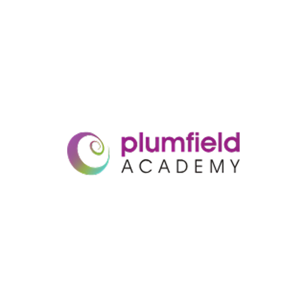Logo for Plumfield Academy featuring a spiral design in purple, green, and blue with text in purple and black.