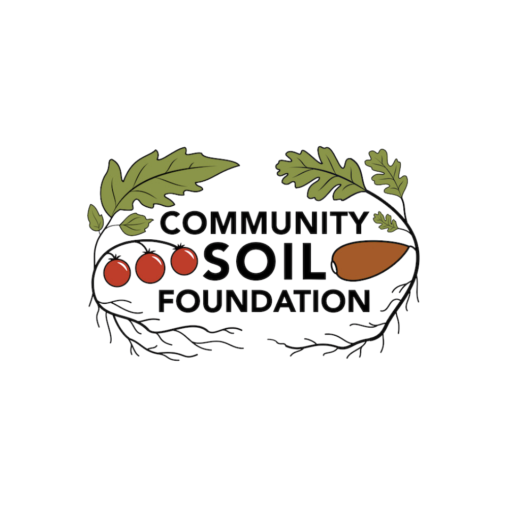 Logo for the Community Soil Foundation featuring green leaves, three red tomatoes, a brown seed, and black roots surrounding the foundation's name.