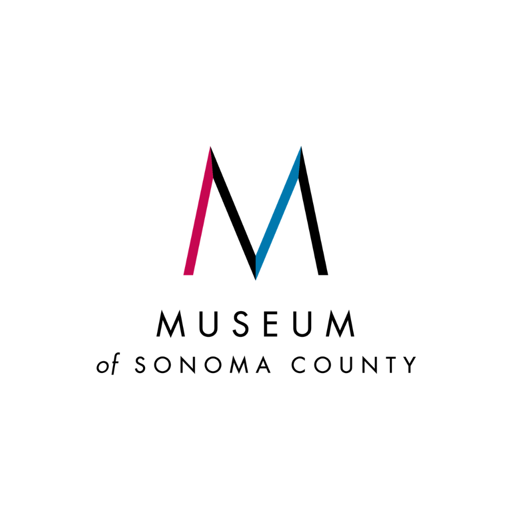 Logo of the Museum of Sonoma County featuring a stylized 'M' with pink, blue, and black lines and the name below.