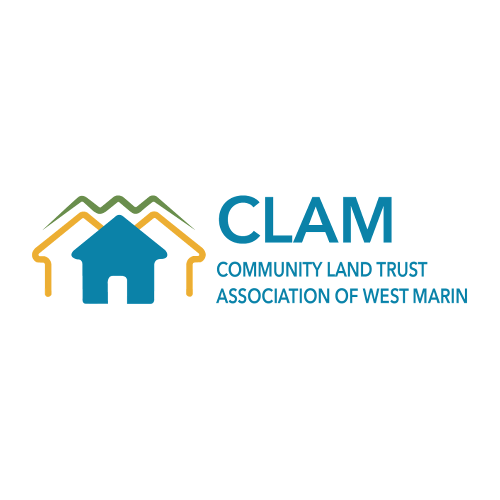 Logo of CLAM, Community Land Trust Association of West Marin, featuring stylized houses and mountains in green, yellow, and blue.