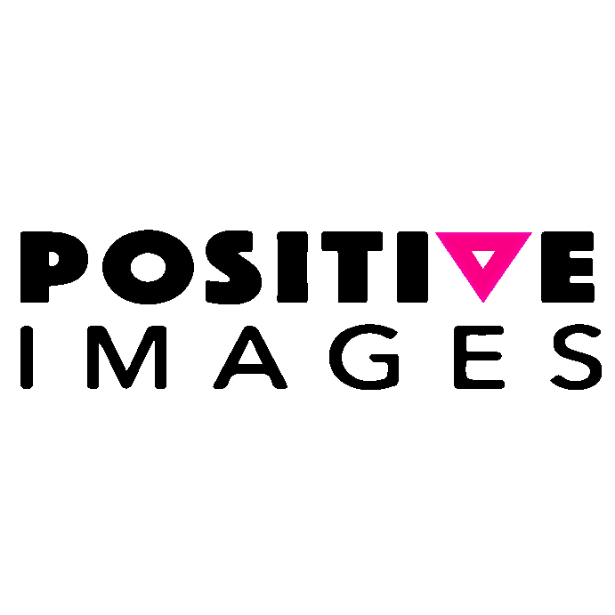 Logo with the words 'Positive Images', with a pink downward triangle replacing the letter 'V' in 'Positive'.