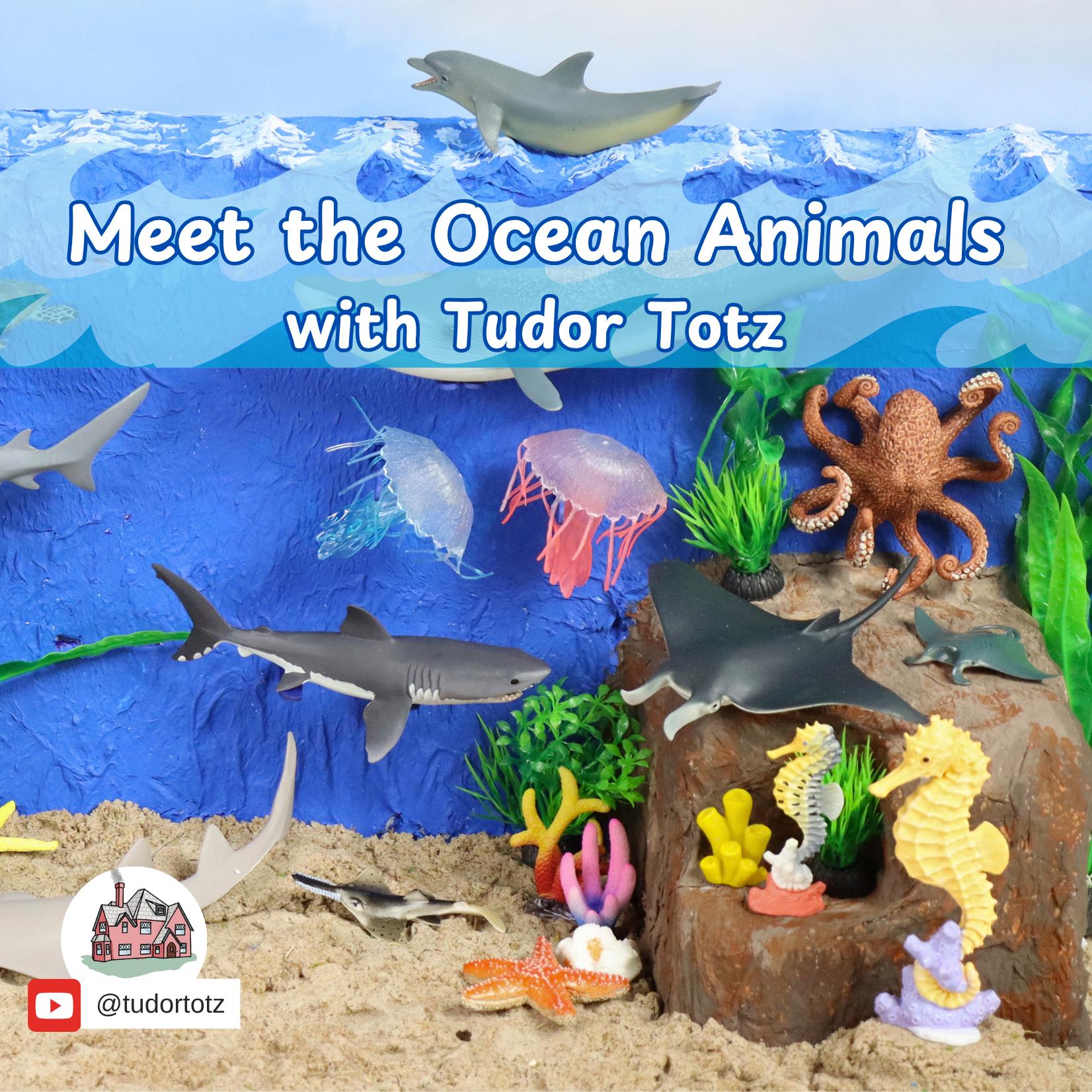 An educational display of ocean animals, featuring toy sharks, jellyfish, seahorse, octopus, and various colored coral and plants, with text inviting viewers to meet ocean animals with Tudor Totz.