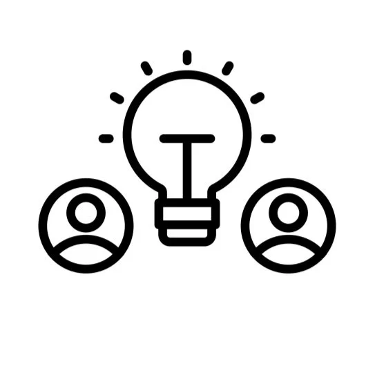 Icon of a light bulb with two user personas, representing ideas and collaboration.