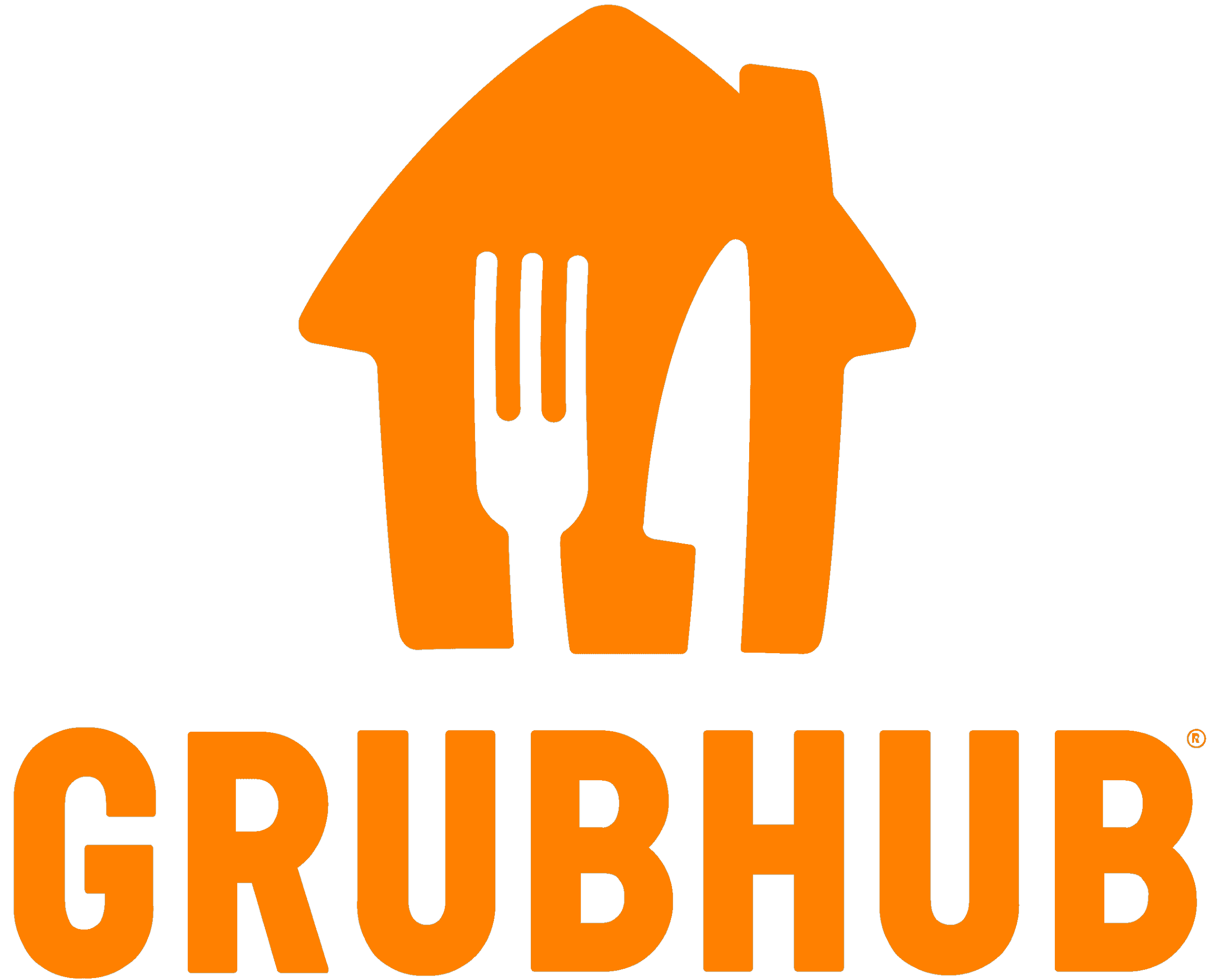 A logo for Grubhub featuring an orange house silhouette with a fork and knife inside, and the word "GRUBHUB" below in bold orange letters.