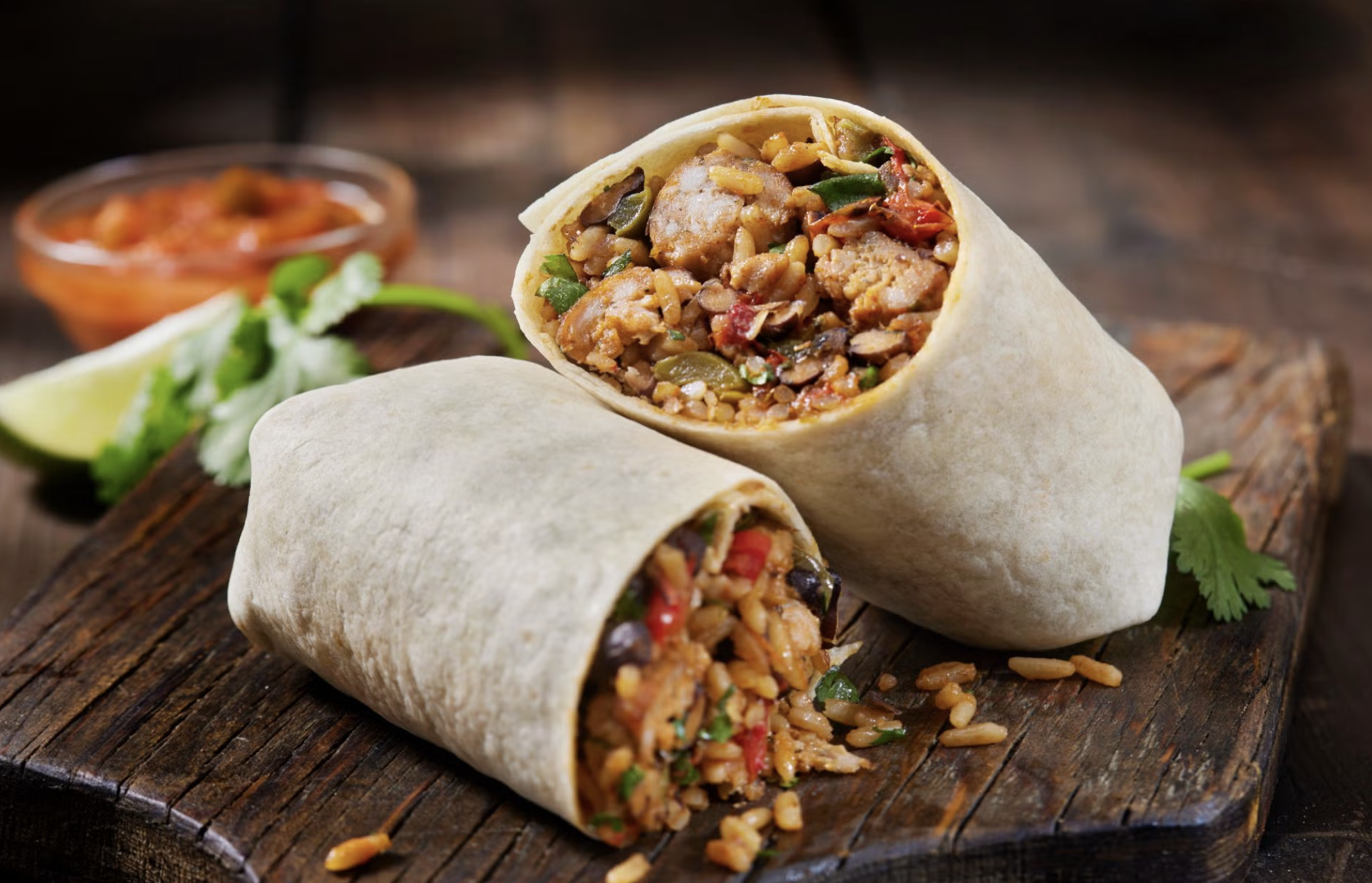 Close-up of two burritos filled with rice, vegetables, and meat, on a rustic wooden board with lime wedges, cilantro, and a small bowl of salsa in the background.