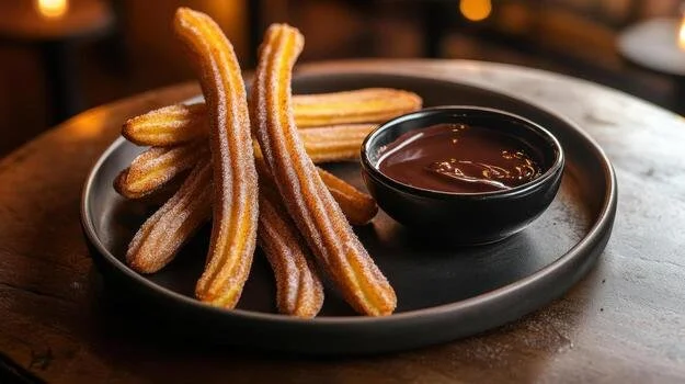 Churros topped with sugar on a black plate with a small bowl of chocolate sauce.