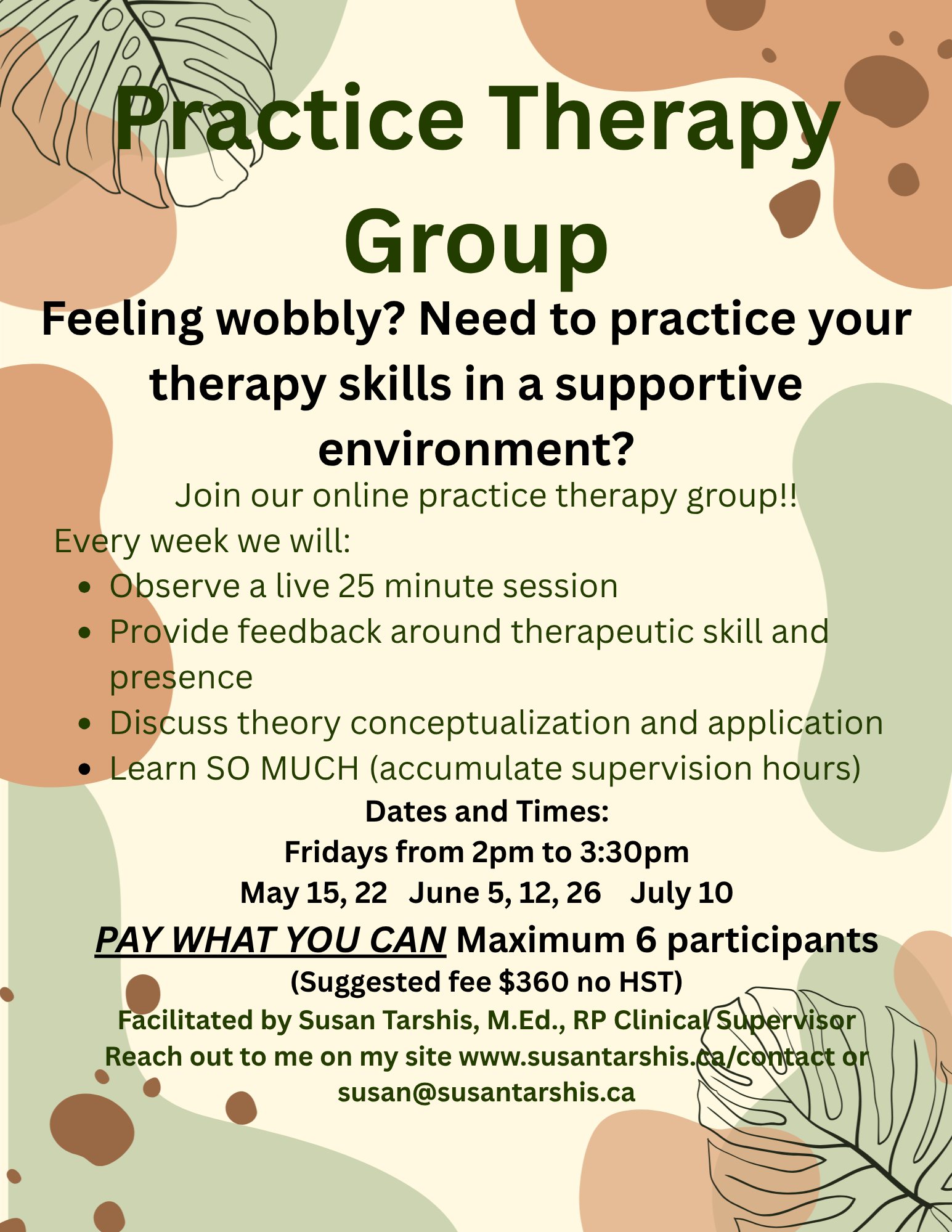 Flyer promoting an online practice therapy group. Includes details about session times, dates, and registration, with decorative abstract and leaf patterns.