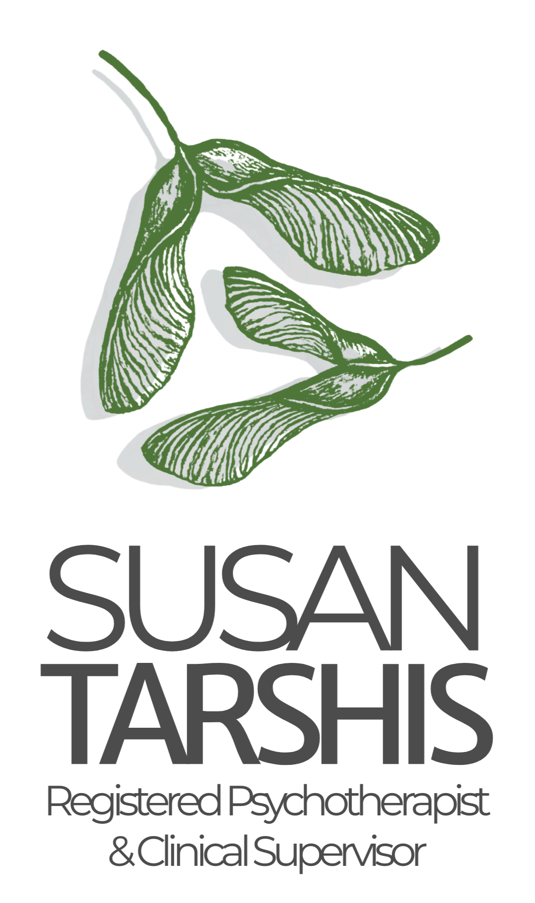 Graphic design featuring a green, stylized maple key above the words 'SUSAN TARSHIS' in large, black letters, with smaller text saying 'Registered Psychotherapist Clinical Supervisor.'