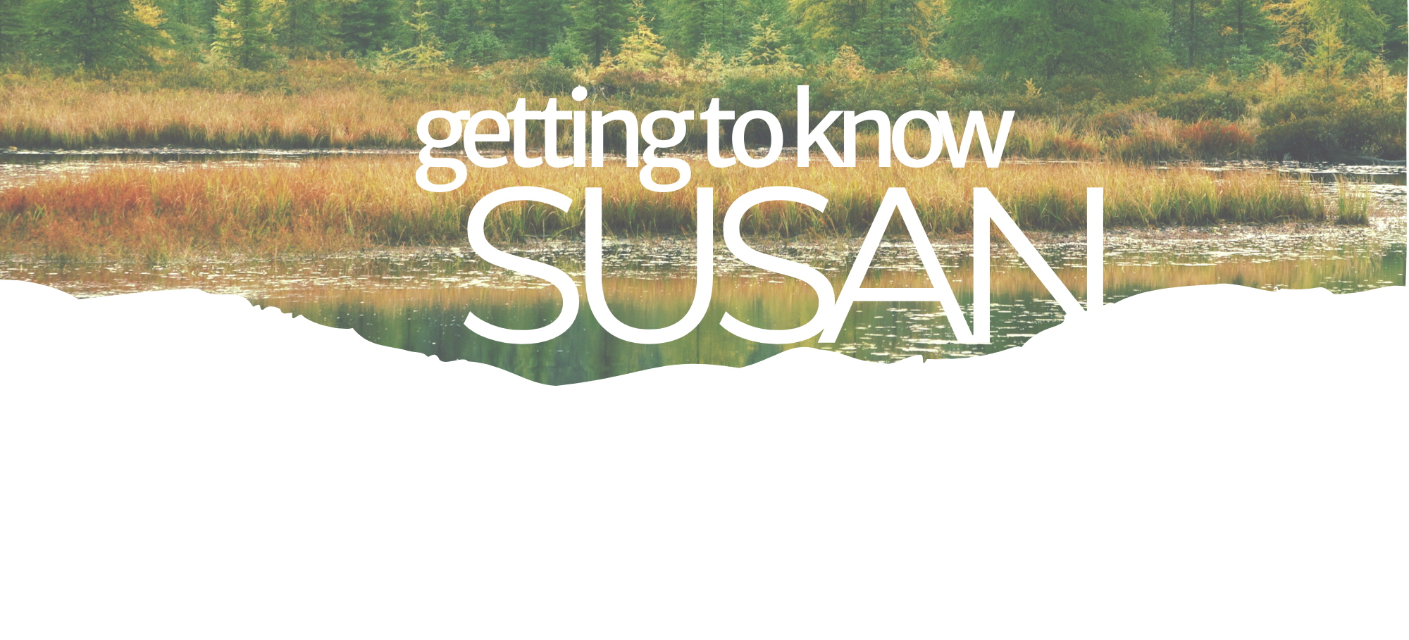 Text overlaying a nature scene of pond and grasses: "Getting to know Susan"