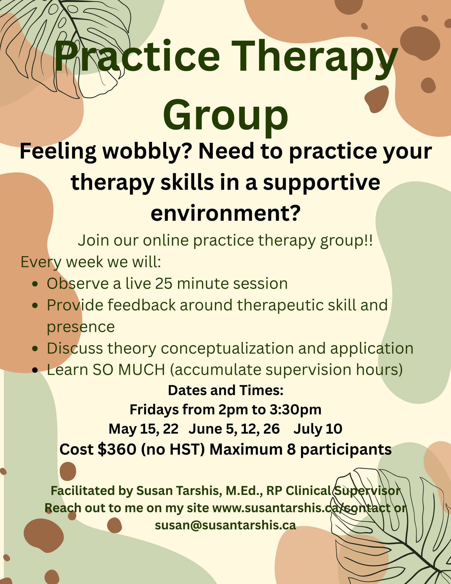 Flyer for an online group practice therapy session, with a nature-inspired design including leaf illustrations and abstract shapes in earth tones. The text invites people feeling wobbly to join and describes weekly sessions on Fridays from 2pm to 3:30pm on specific dates.