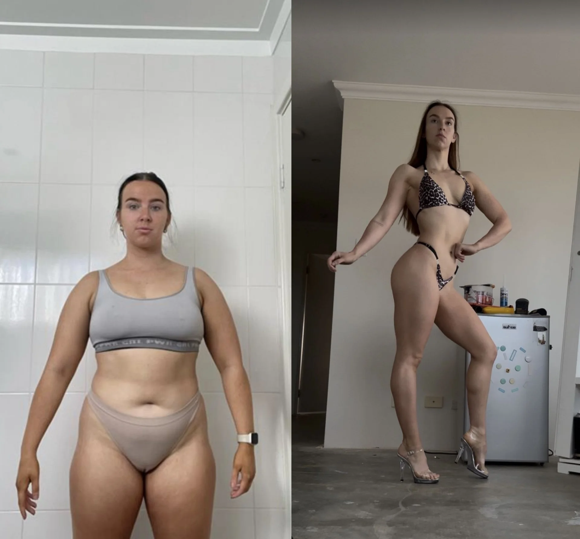 Side-by-side comparison photo of a woman before and after weight loss. The left image shows her in underwear and a sports bra, with a neutral expression. The right image shows the same woman in a leopard print bikini and clear high heels, striking a 