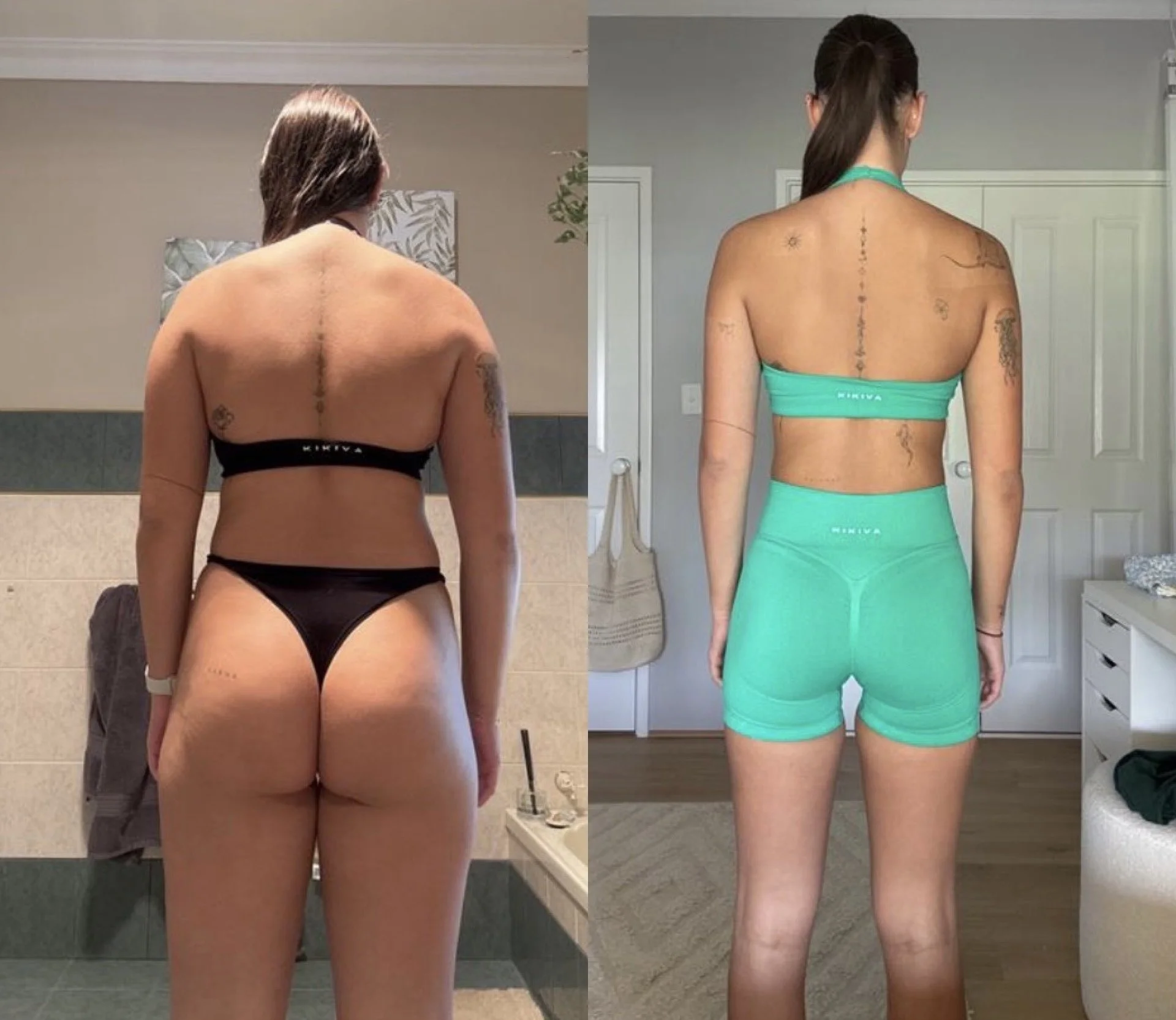 Side-by-side comparison photo of a woman from the back, before and after a body transformation. The left side shows her in black underwear, with less muscle tone and more body fat. The right side shows her in matching turquoise athletic wear, with a 