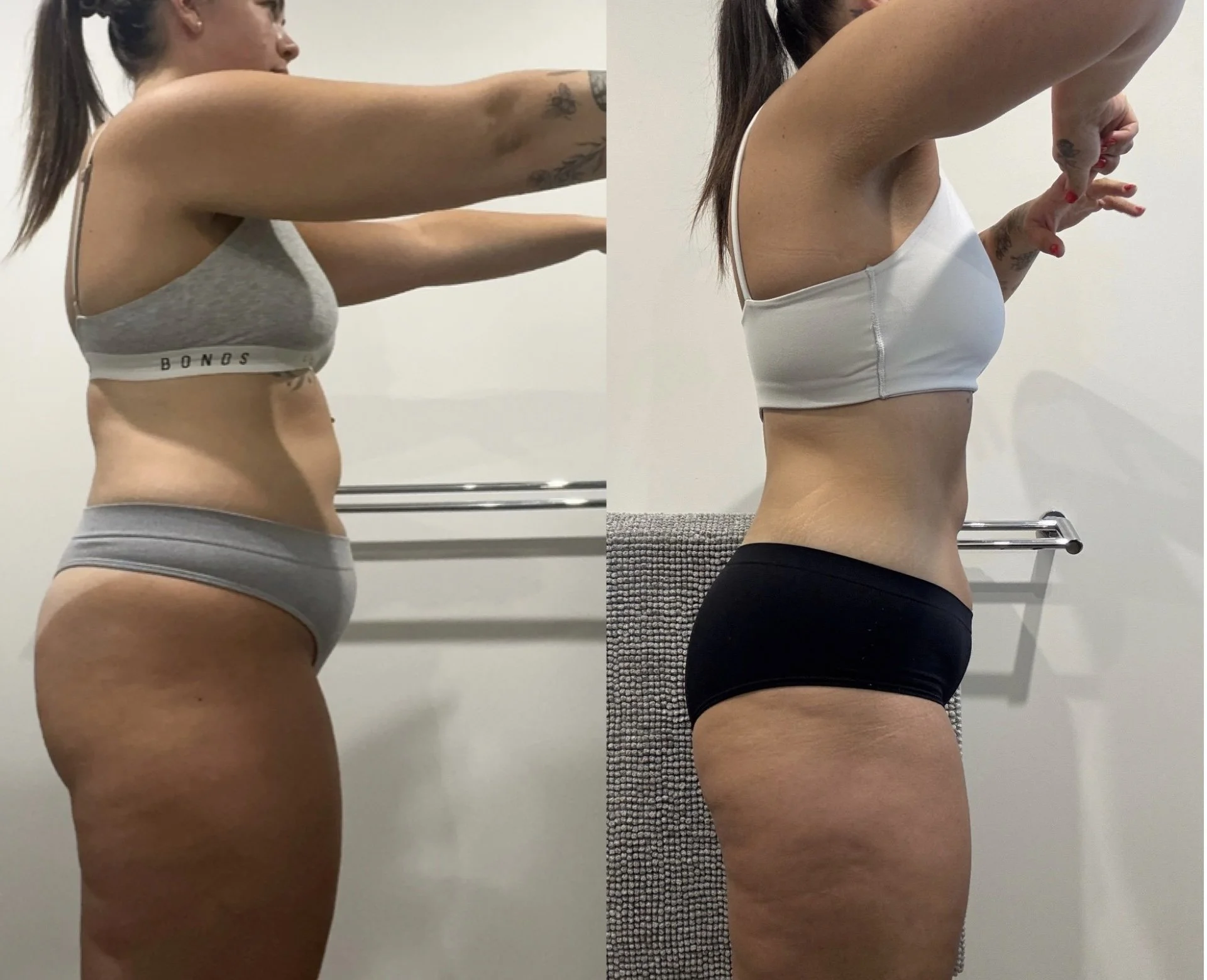 Side-by-side comparison of a woman before and after fitness progress, wearing a sports bra and shorts. The left image shows a fuller physique, while the right image shows a more toned and slimmer physique.