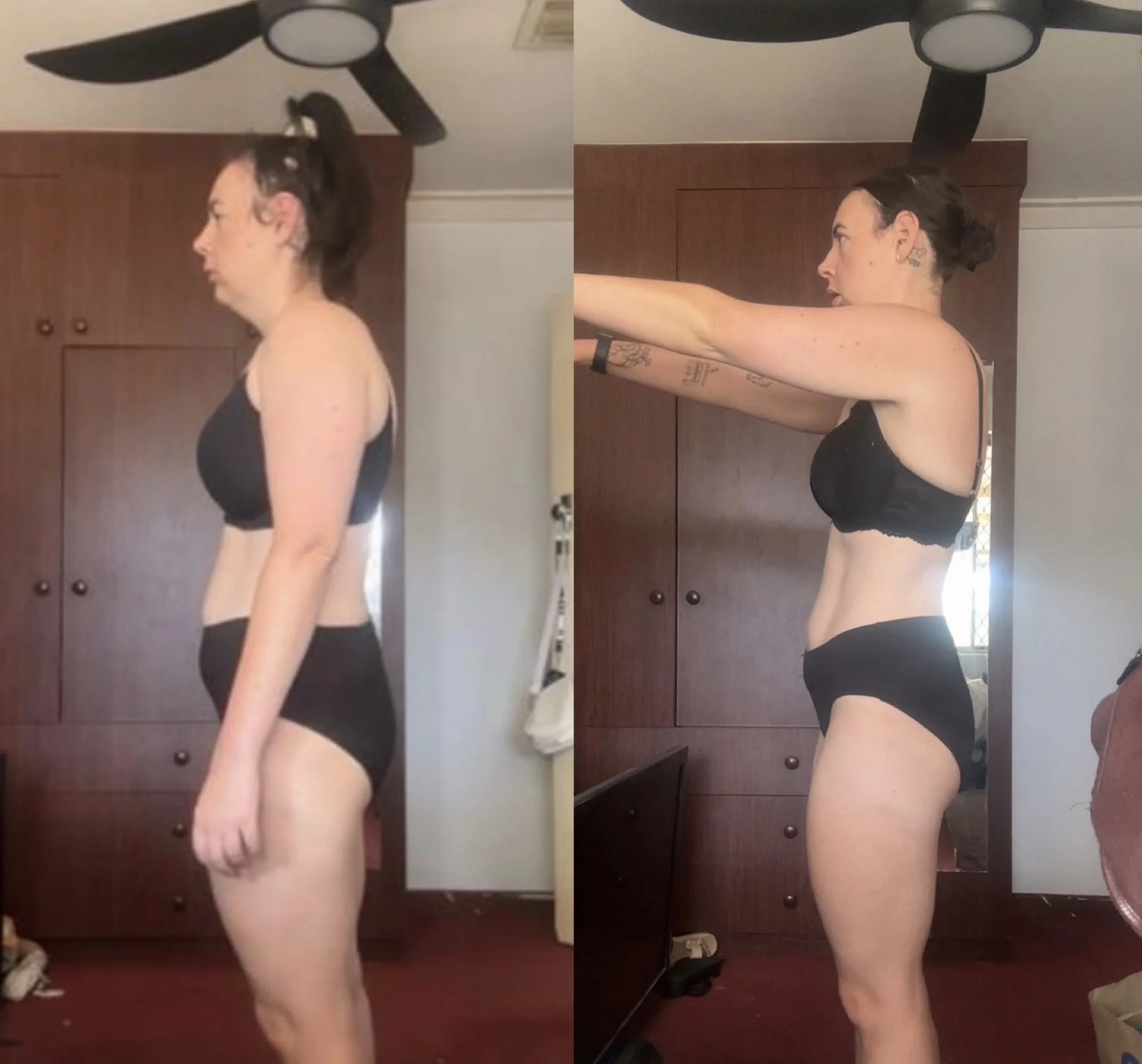 Side-by-side comparison of a woman before and after fitness transformation. On the left, she appears less toned with a relaxed posture. On the right, she looks more fit with visible muscle tone, standing with arms extended forward.