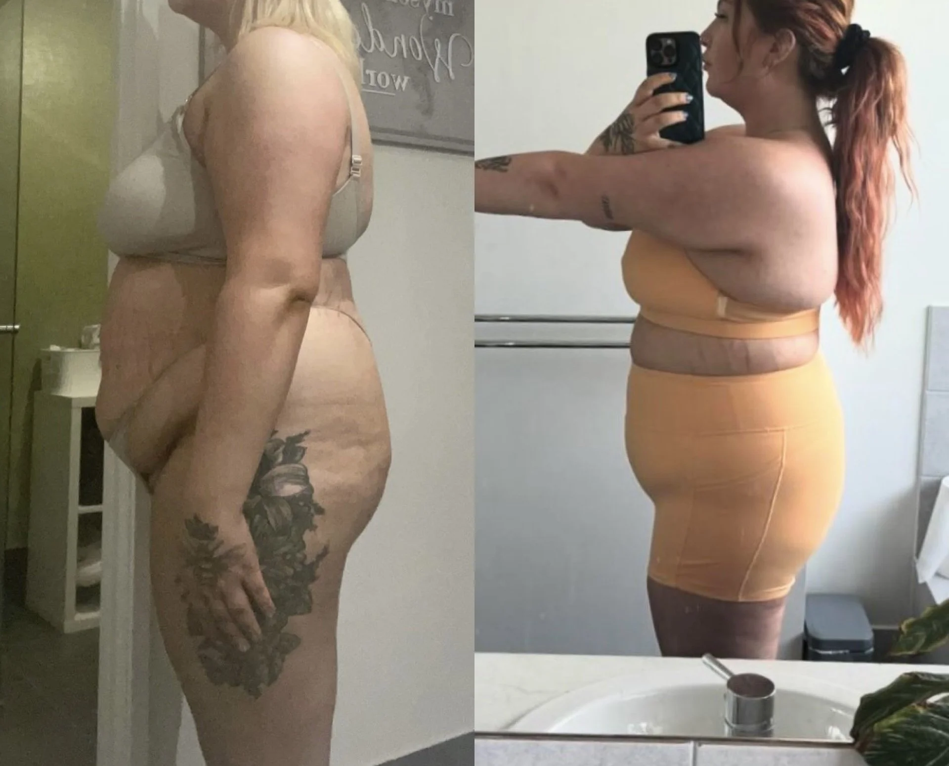 Side-by-side comparison of a woman before and after weight loss, showing her torso, hips, and tattoos in a bathroom mirror.