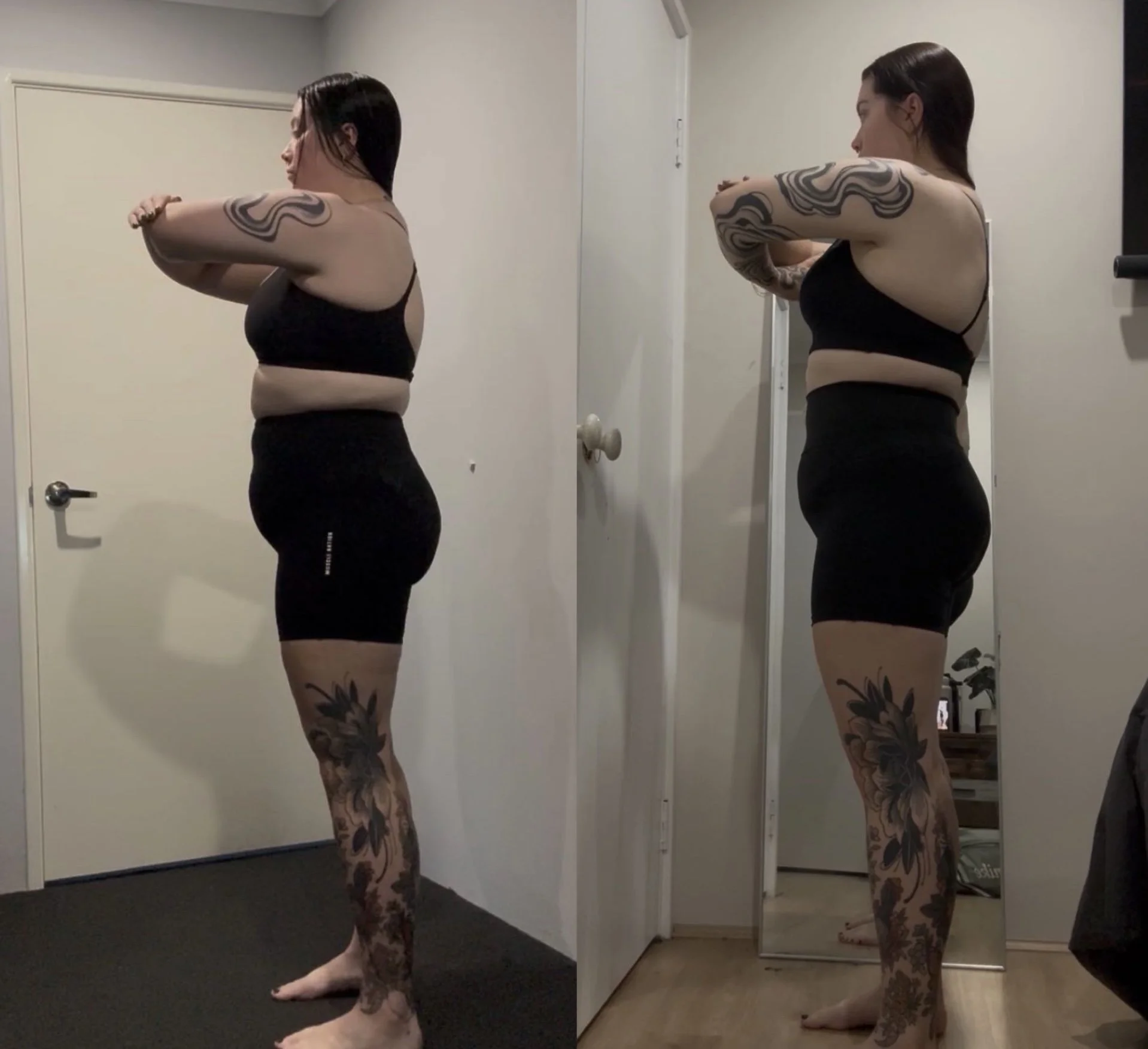 Side-by-side comparison of a woman before and after fitness progress, showing her in black sportswear with tattoos on her arms and legs, standing in a room with a mirror and white doors.