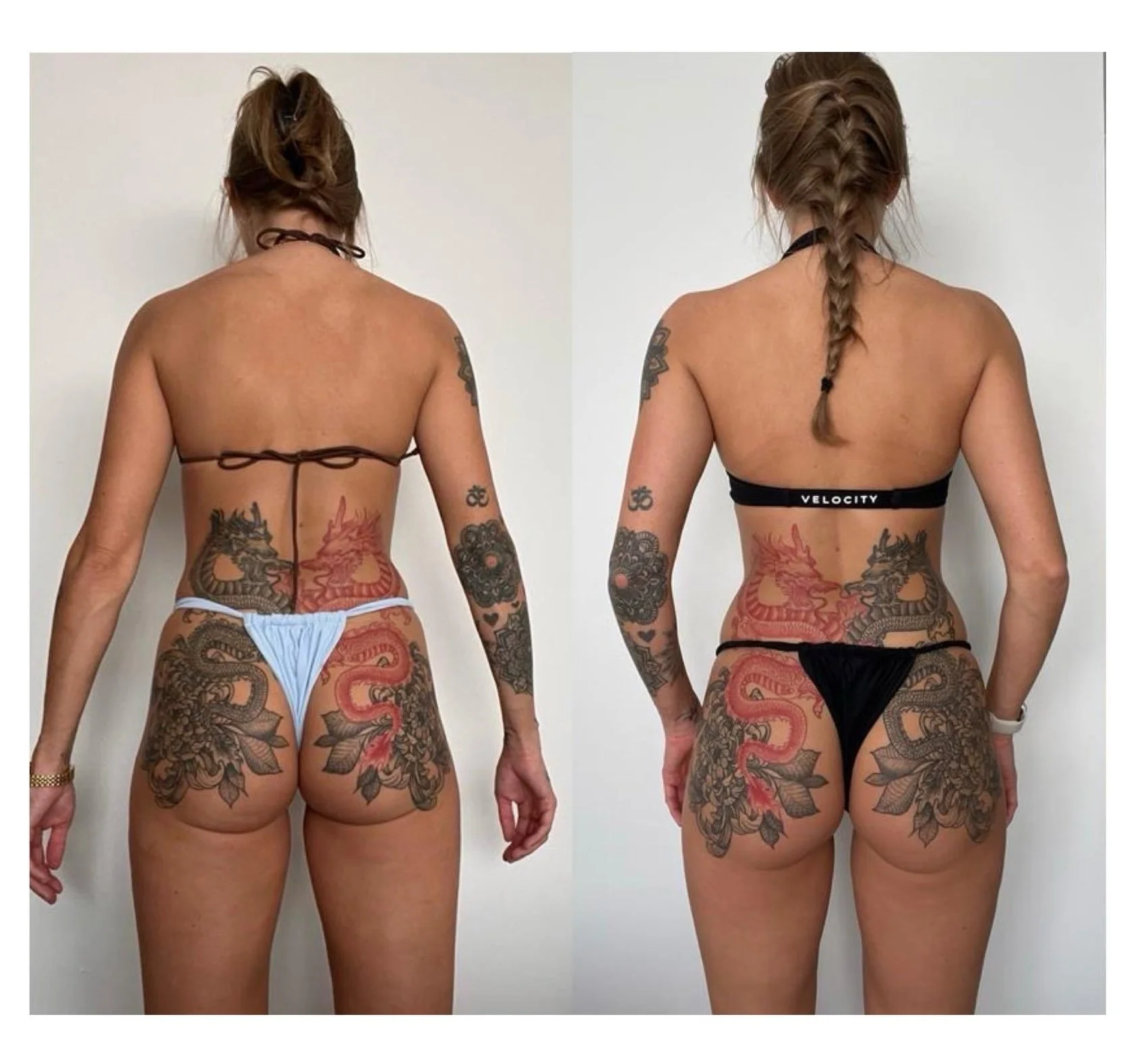 Comparison of a woman’s back before and after body transformation, showing tattoos with a dragon design, wearing minimal clothing, with the right image showing her with a braided hairstyle and a black sports bra.