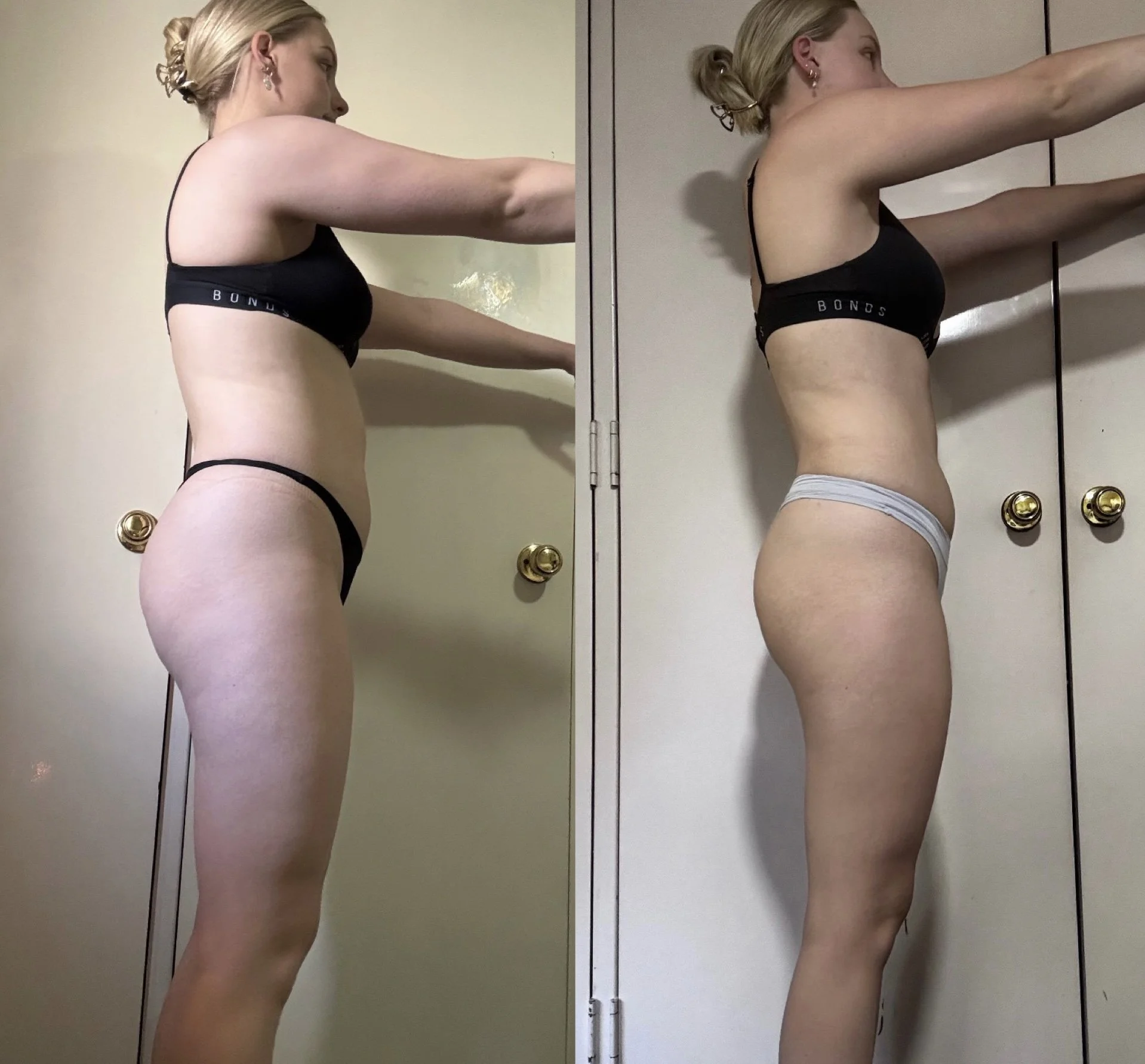 Side-by-side comparison of a woman before and after fitness transformation, standing in front of closet doors, wearing black sports bra and underwear.
