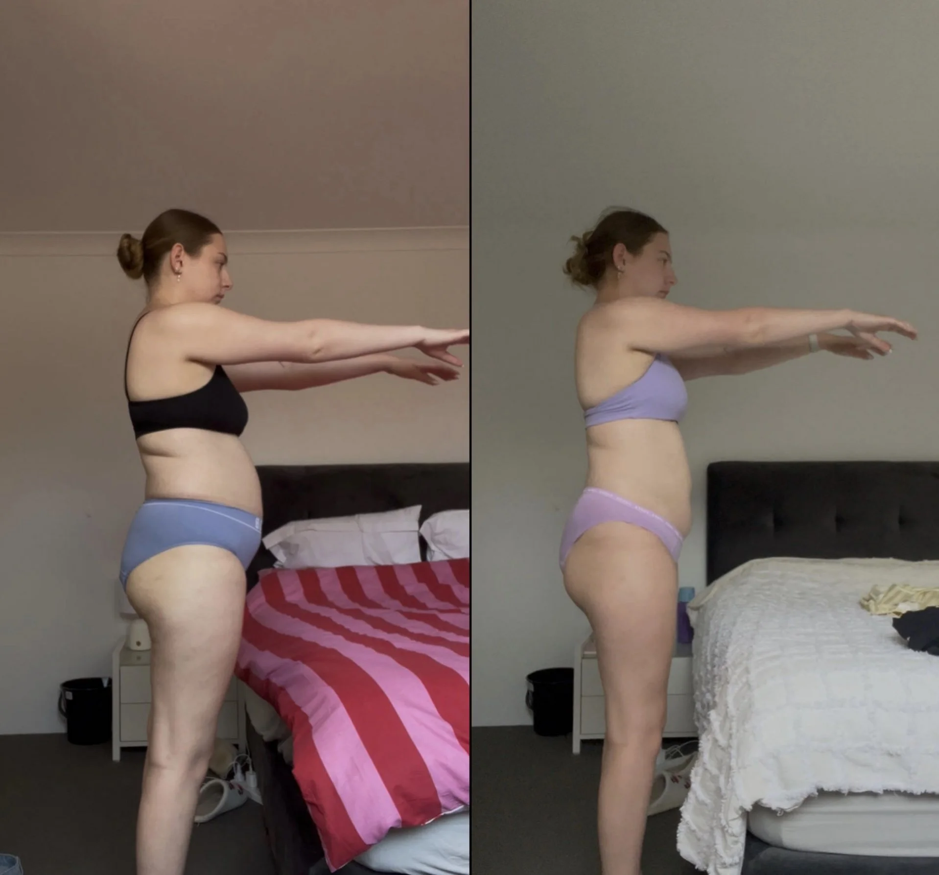 Side-by-side comparison of a woman before and after in underwear, stretching with arms extended forward in a bedroom.