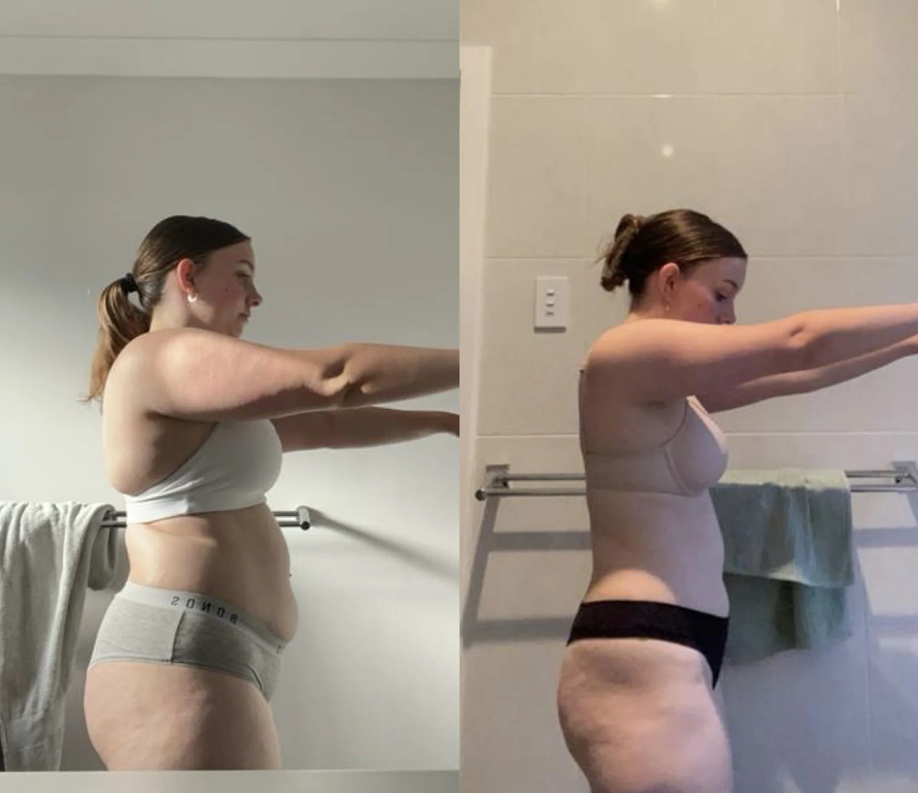 Comparison photo of a woman in workout clothes, showing her before and after fitness transformation, with arms extended forward in both images.