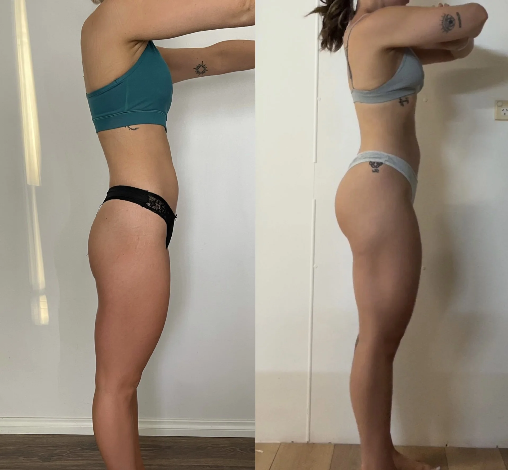 Side-by-side comparison of a woman before and after fitness transformation, showing toned physique in workout attire.