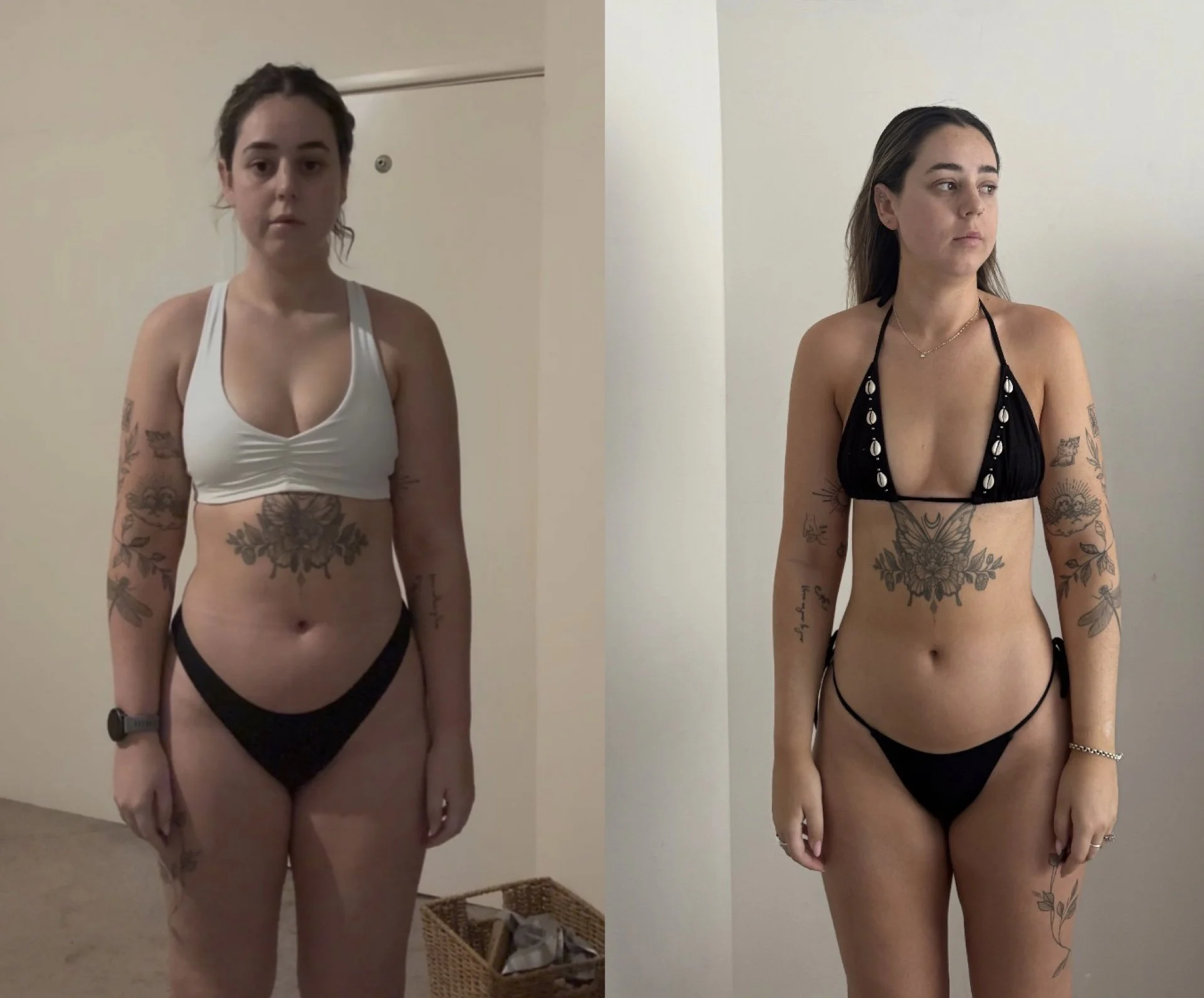 Side-by-side comparison of a woman before and after a transformation, wearing swimsuits and standing against plain walls, showcasing changes in her appearance and body.