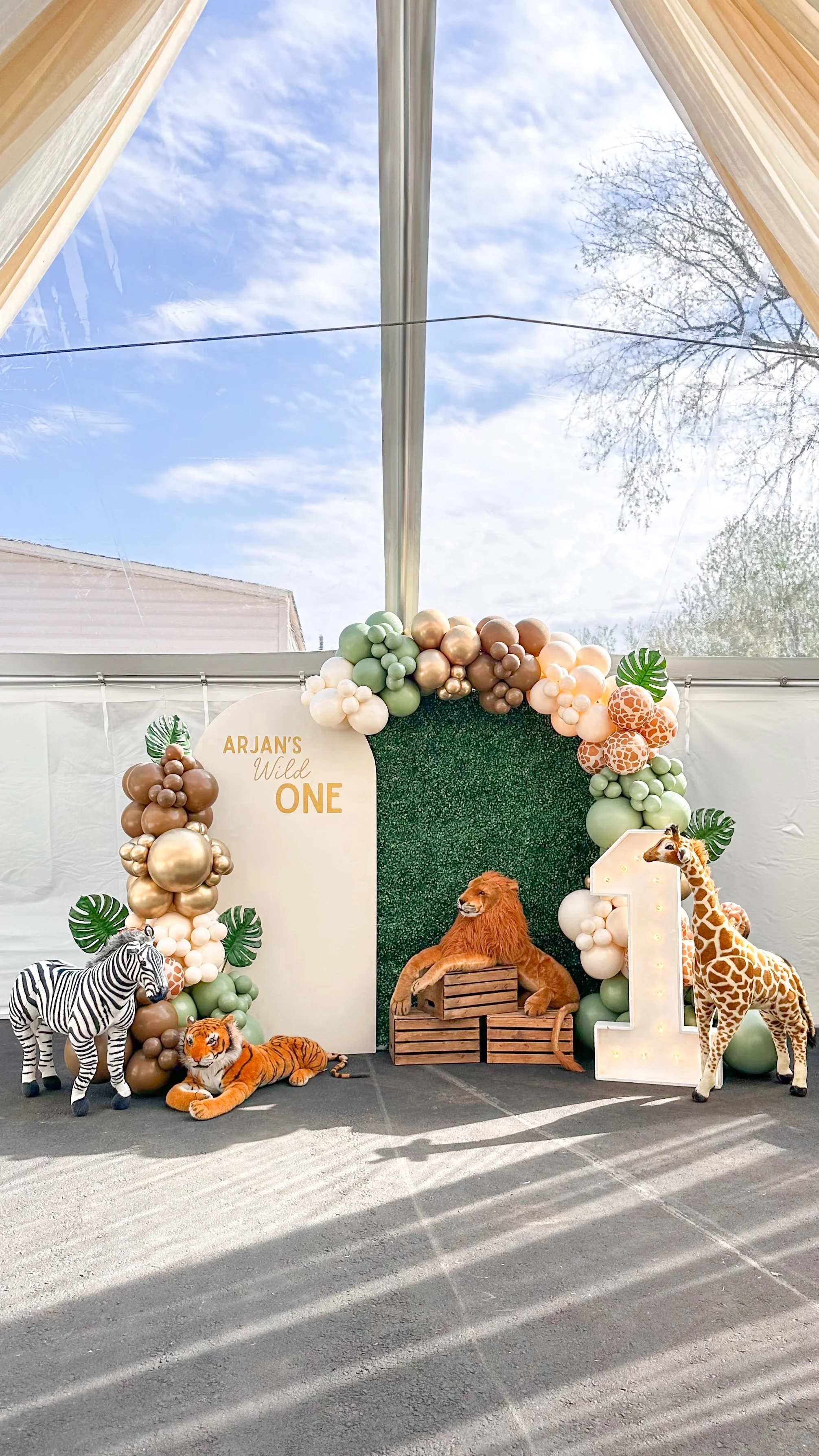 Animal-themed birthday party backdrop with a lion, zebra, tiger, and giraffe plush toys and balloons, celebrating Arjan's first birthday.