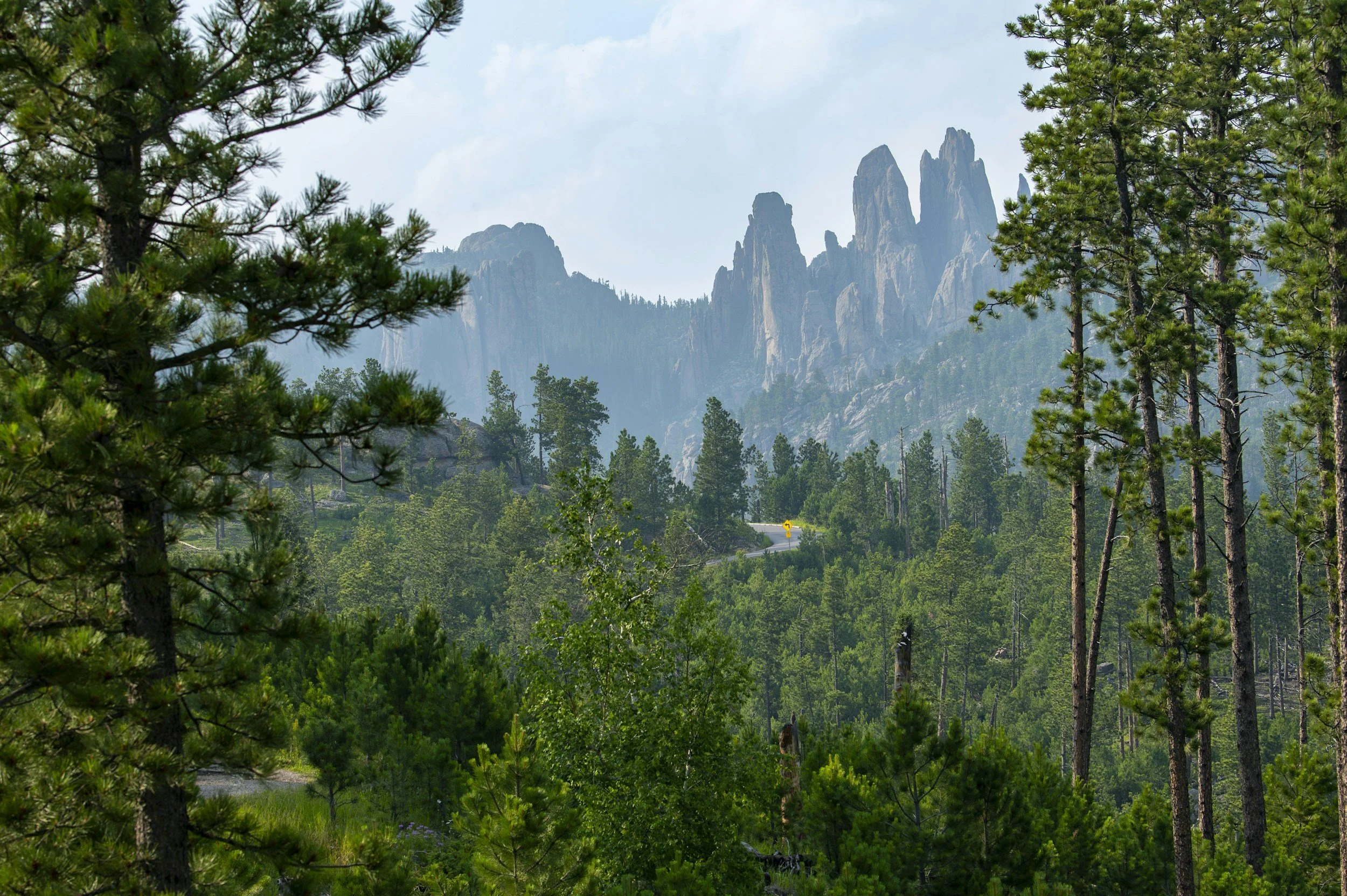 A scenic view of lush green trees in the foreground with rugged mountain peaks in the background under a partly cloudy sky.