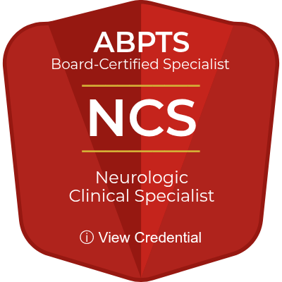 Certificate or badge with ABPTS, NCS, and neurologic clinical specialist information.