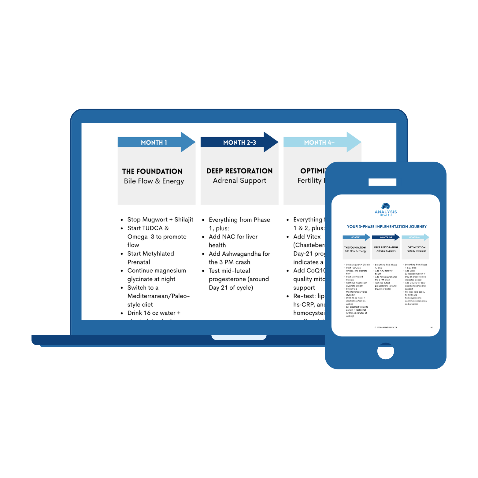 A laptop and a smartphone displaying a three-phase health program timeline with steps for month 1, months 2-3, and month 4+ including foundations for bile flow and energy, deep restoration with adrenal support, and optimization for fertility and hormone health.