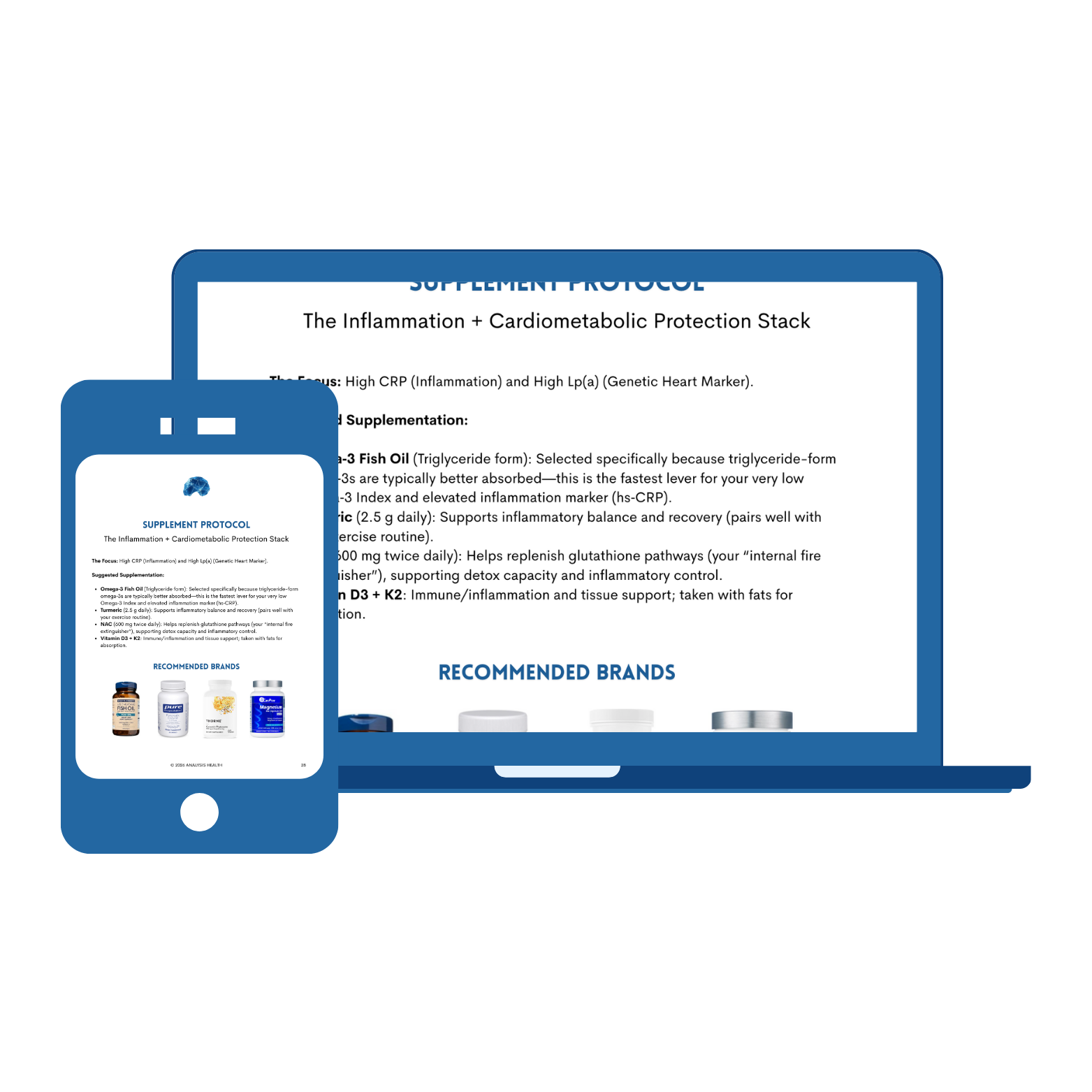A computer screen displaying a health supplement protocol document with sections on inflammation and cardiometabolic protection, and a smaller mobile device screen showing the same protocol with images of supplement bottles.