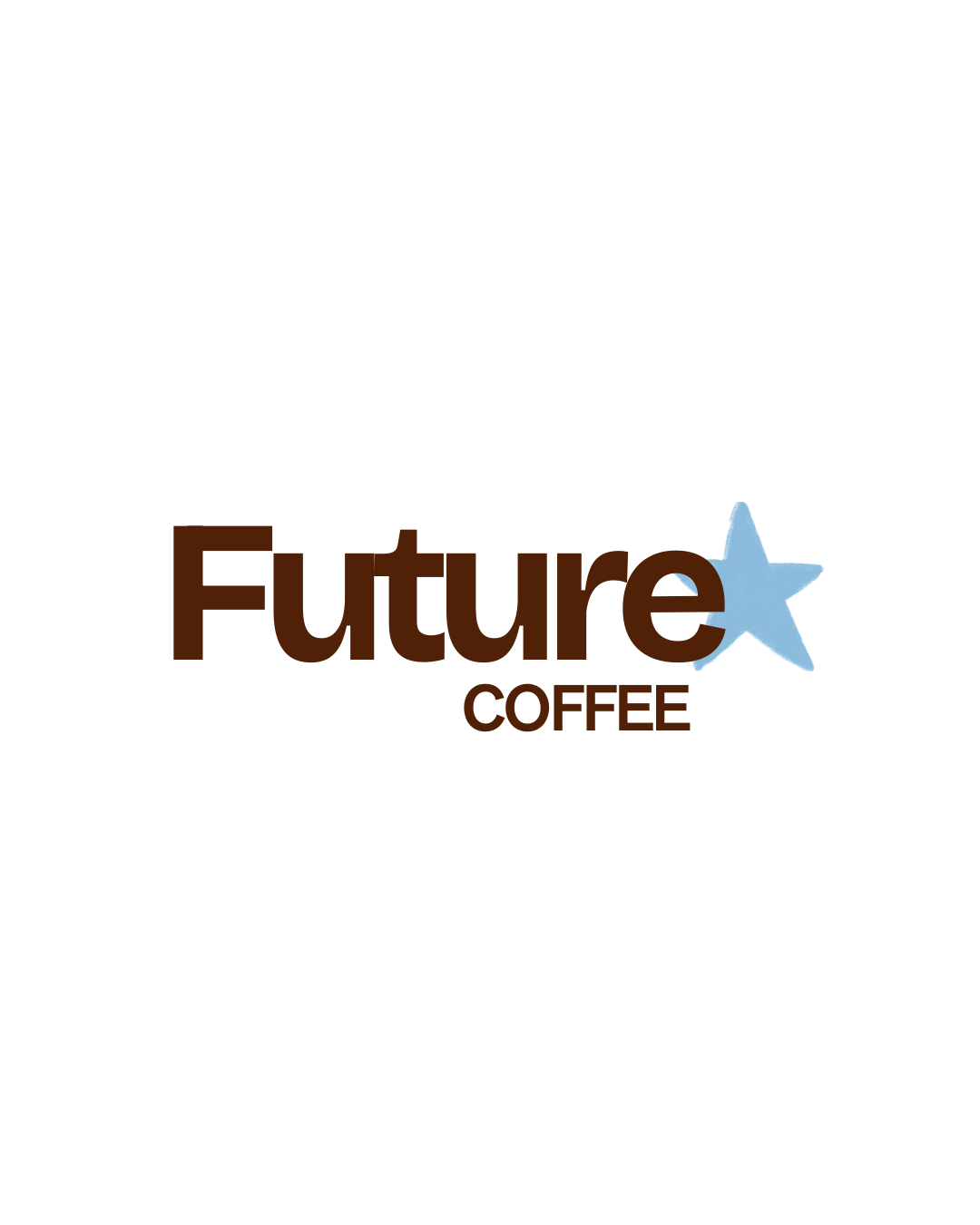 Logo for Future Coffee featuring brown text and a blue star.