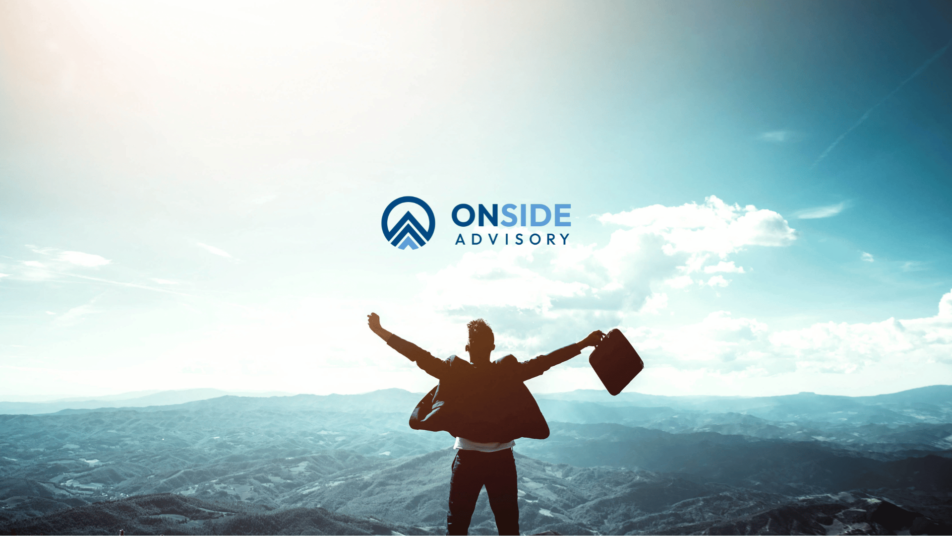Person standing on mountain summit with arms raised and ONSIDE ADVISORY logo in the center.