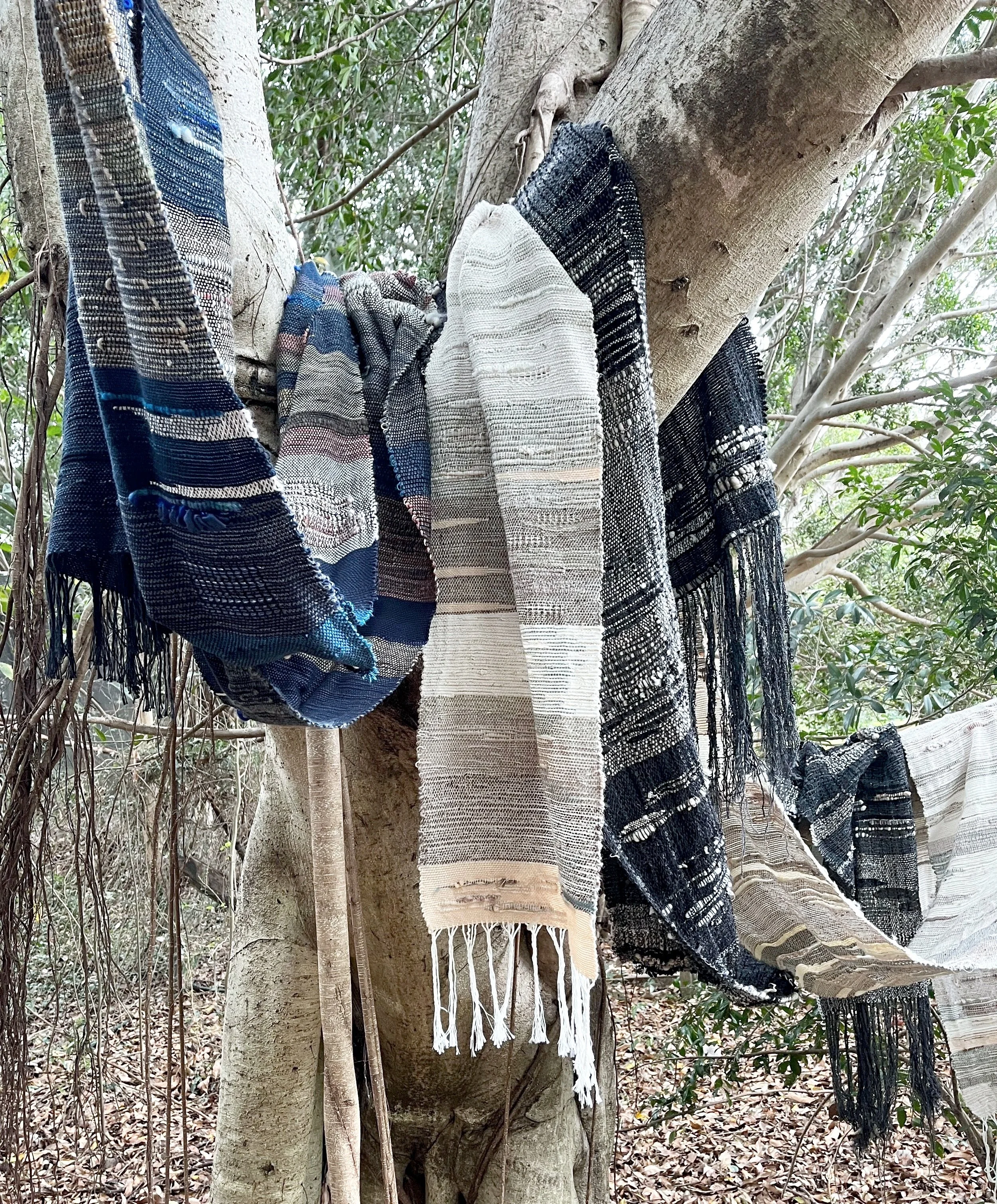 Colourful handwoven textiles hanging on a tree branch in a forest.