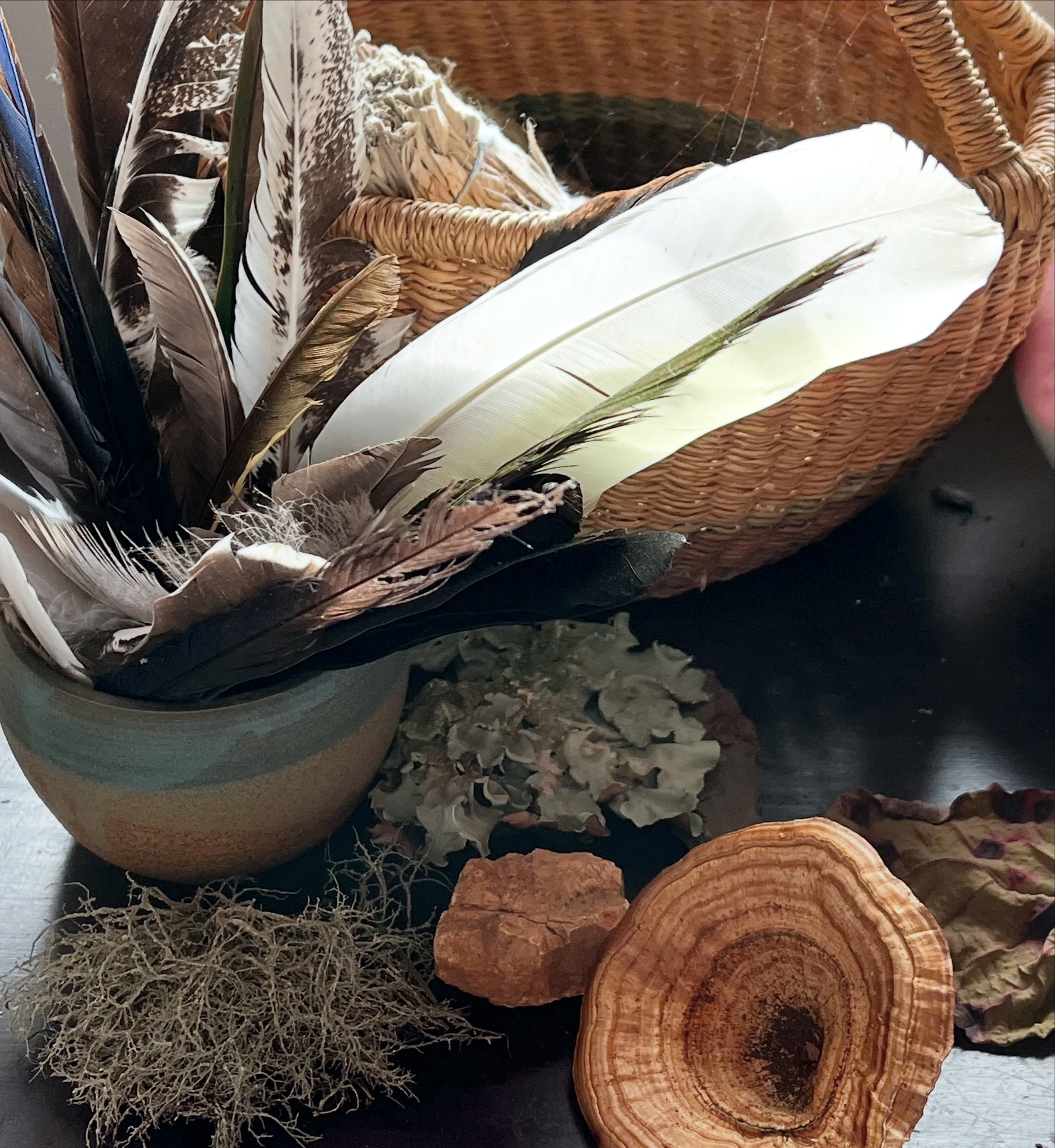 A basket filled with various bird feathers, a ceramic bowl with dried leaves, a piece of wood, and dried plant material on a black surface.