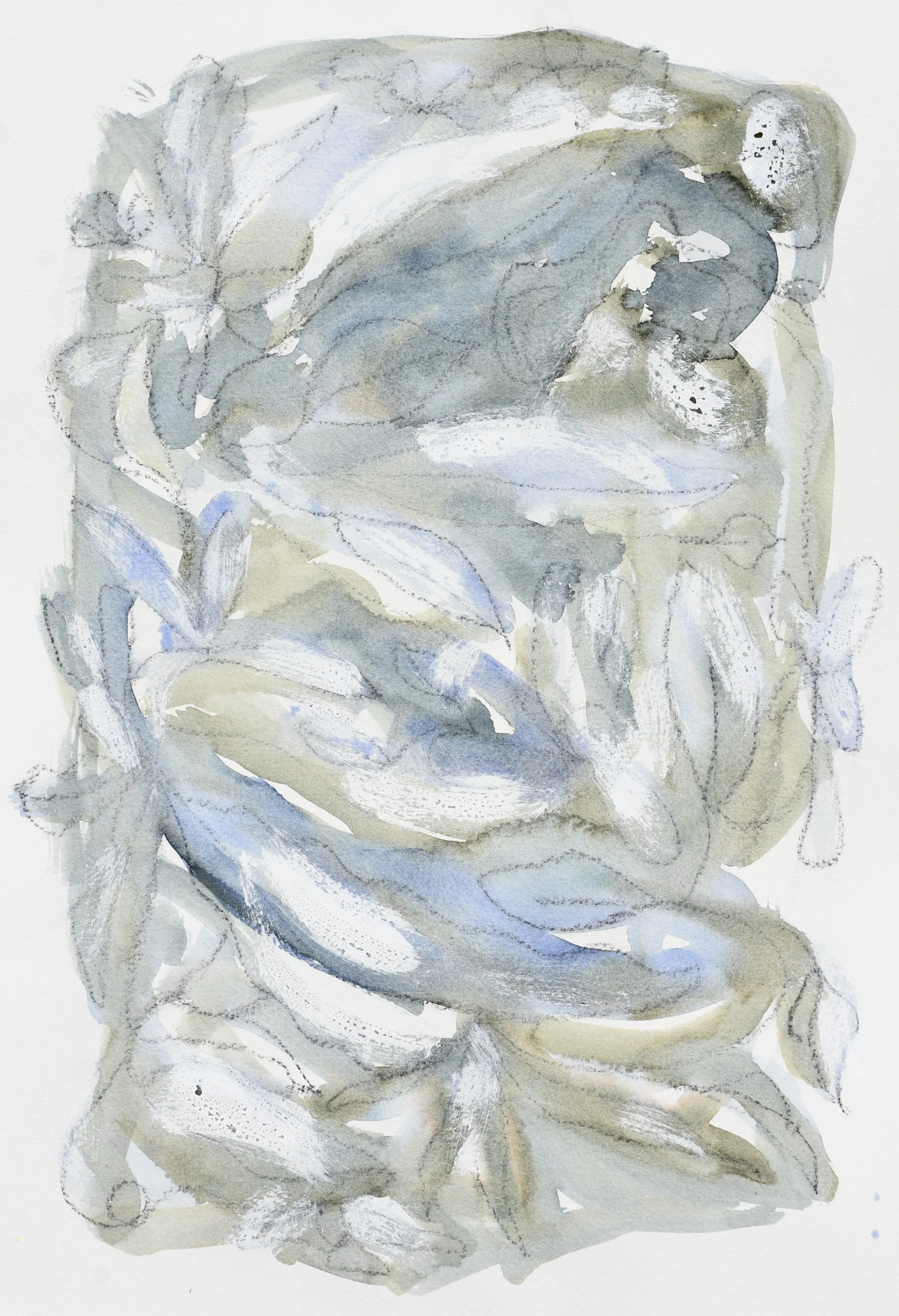 An abstract mixed media painting on paper reminiscent of foliage and flow. Gentle artwork rendered in muted blue, gray, and beige tones.