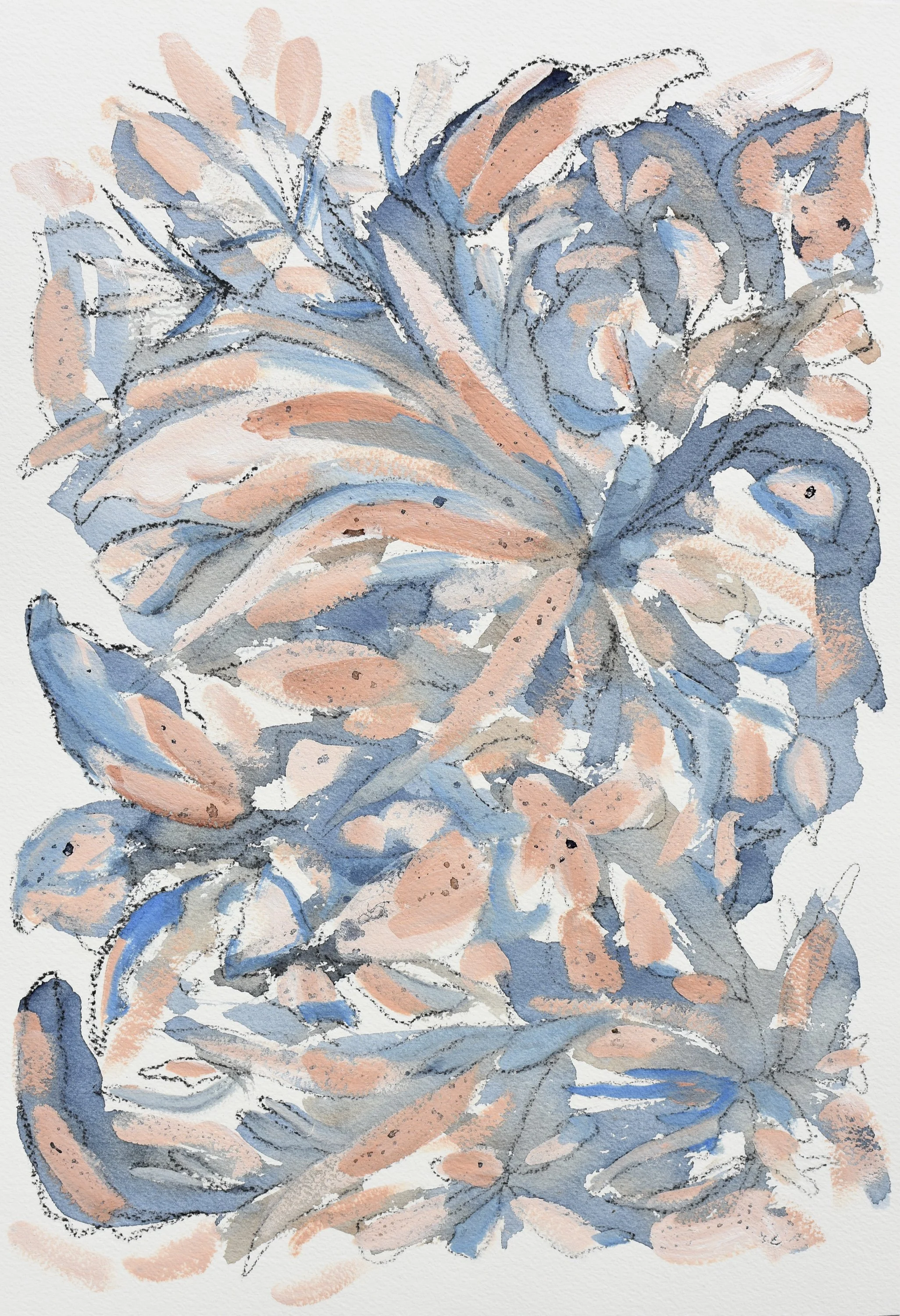 Oil paint and Watercolour painting on paper depicting leaves in shades of blue, pink, and peach.